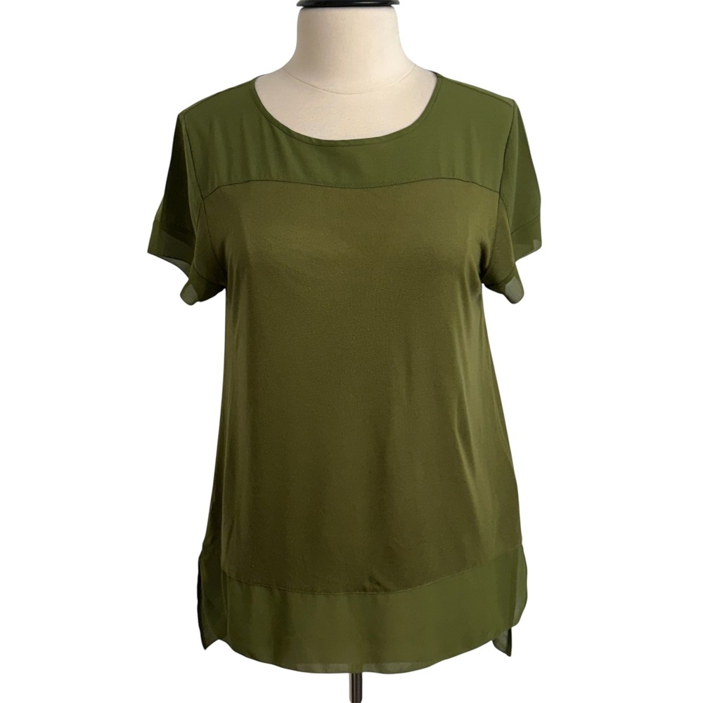 Joan Vass New York Short Sleeve Layered Design Sheer Yoke & Hem Trim Blouse